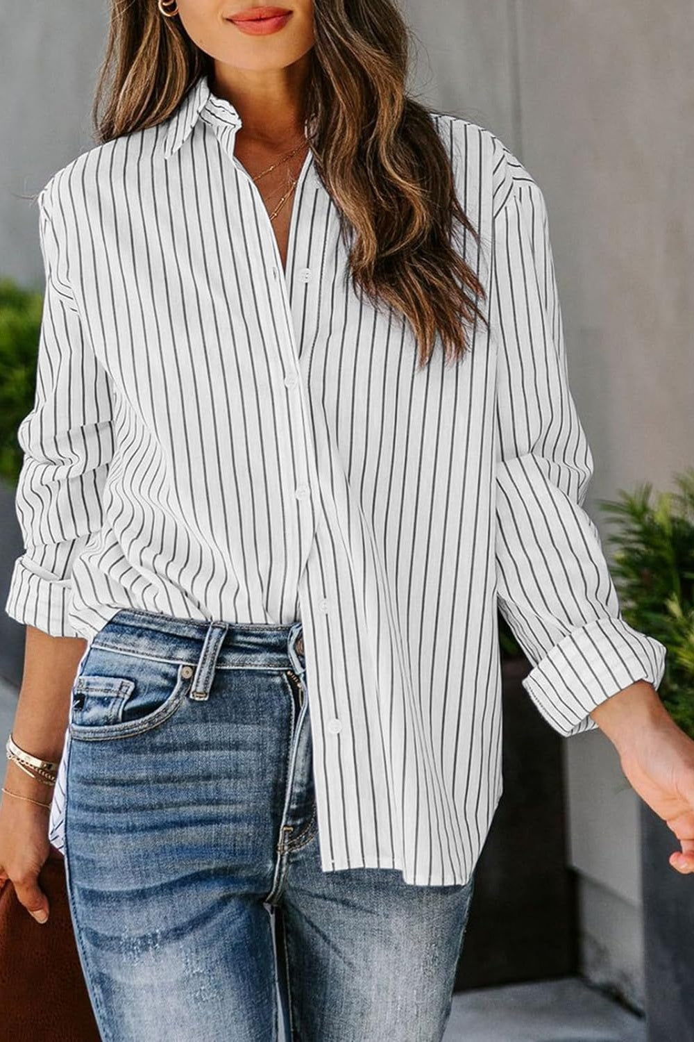 Striped Button Up Long Sleeve Shirt White S Blouses by Trendsi | Fleurcouture