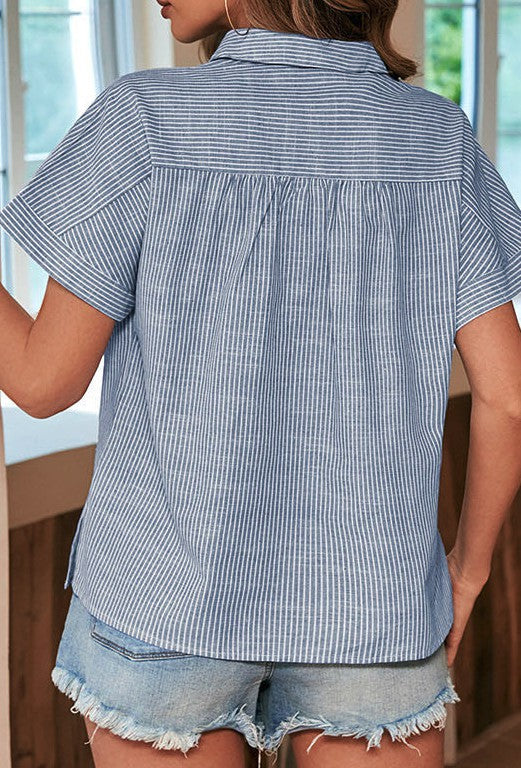 Striped half button short sleeve shirt Blue by Miss Sparkling | Fleurcouture