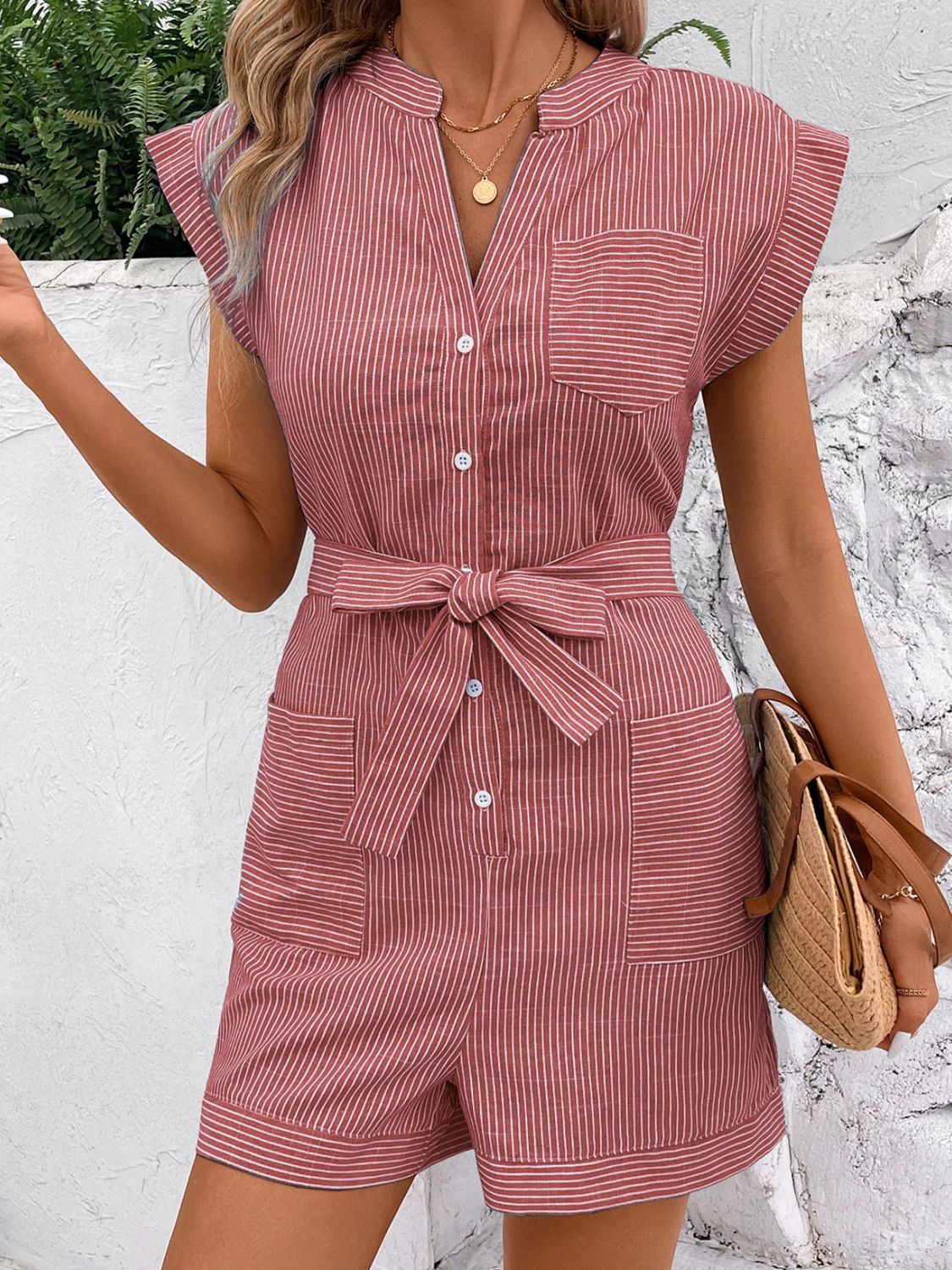 Striped Notched Tie Waist Romper Dusty Pink S Women&