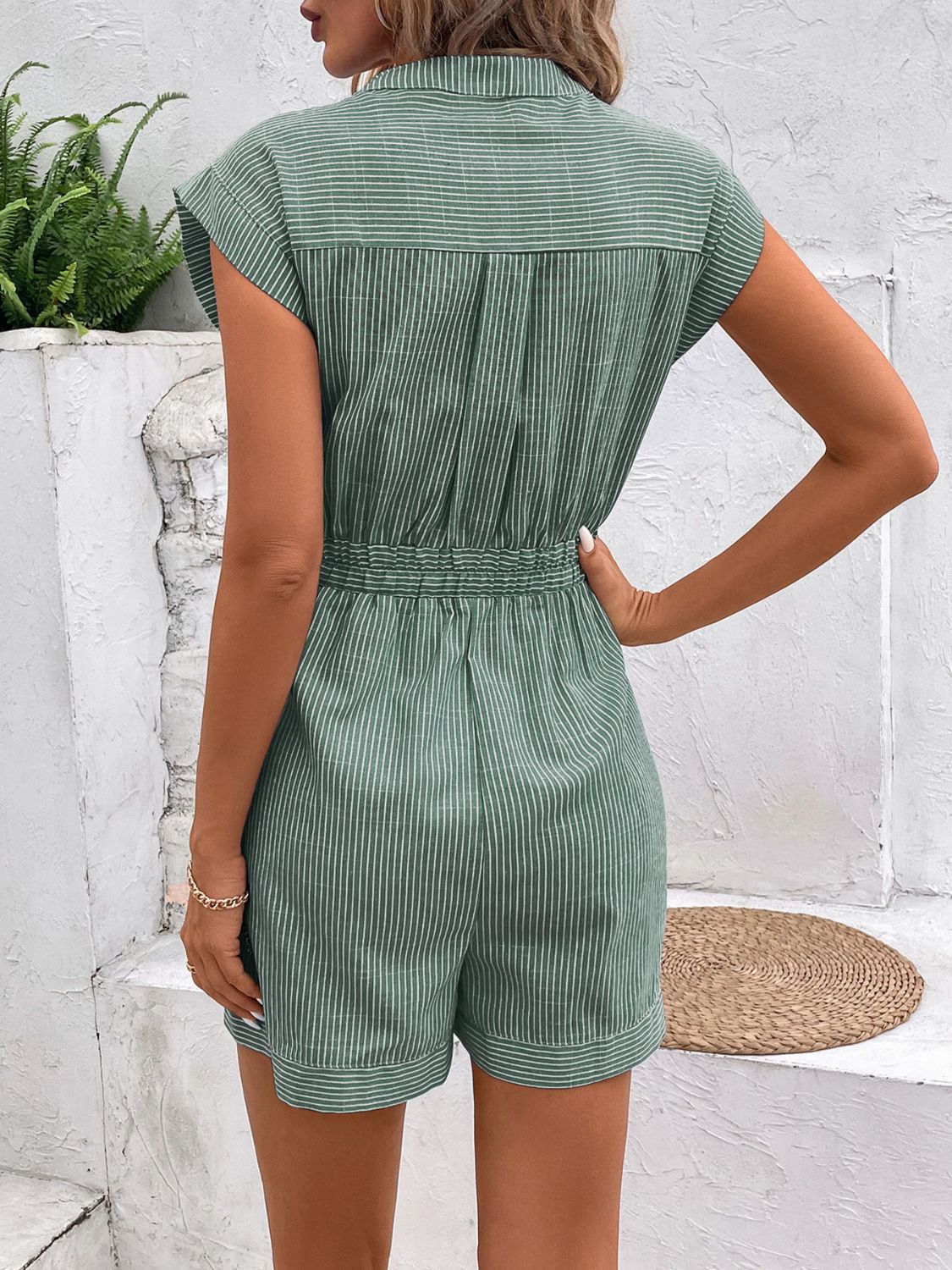 Striped Notched Tie Waist Romper Women&