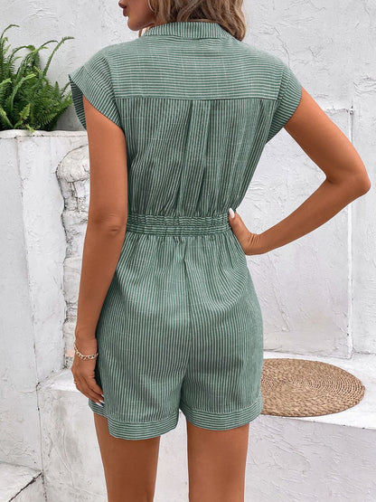 Striped Notched Tie Waist Romper Women&