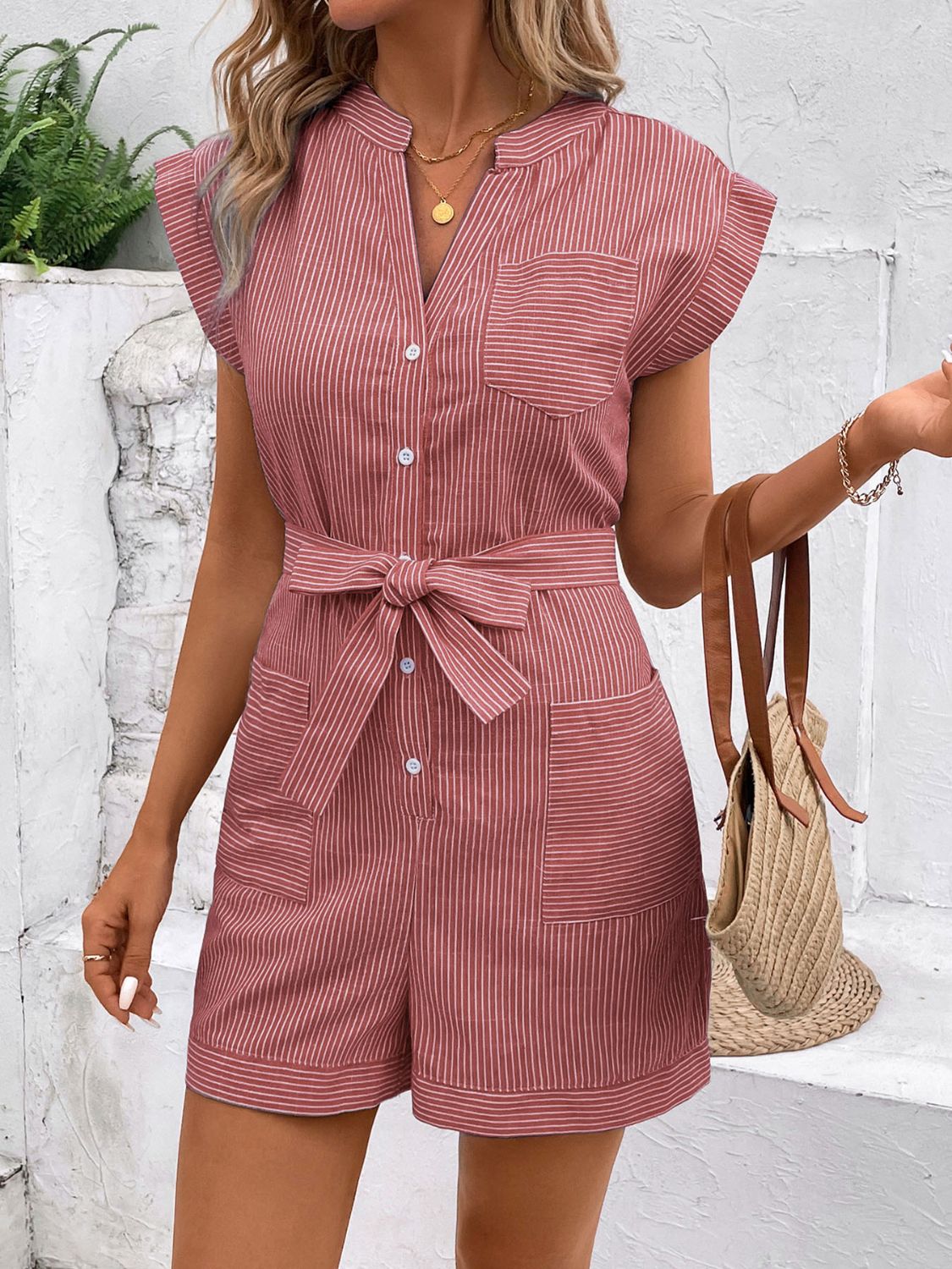 Striped Notched Tie Waist Romper Women&