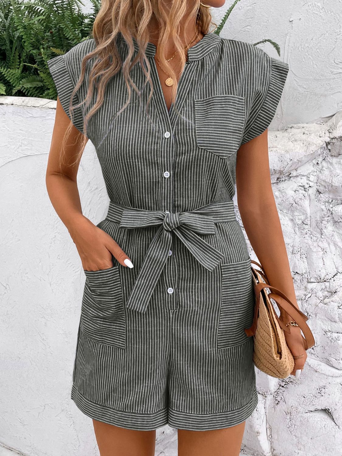 Striped Notched Tie Waist Romper Women&