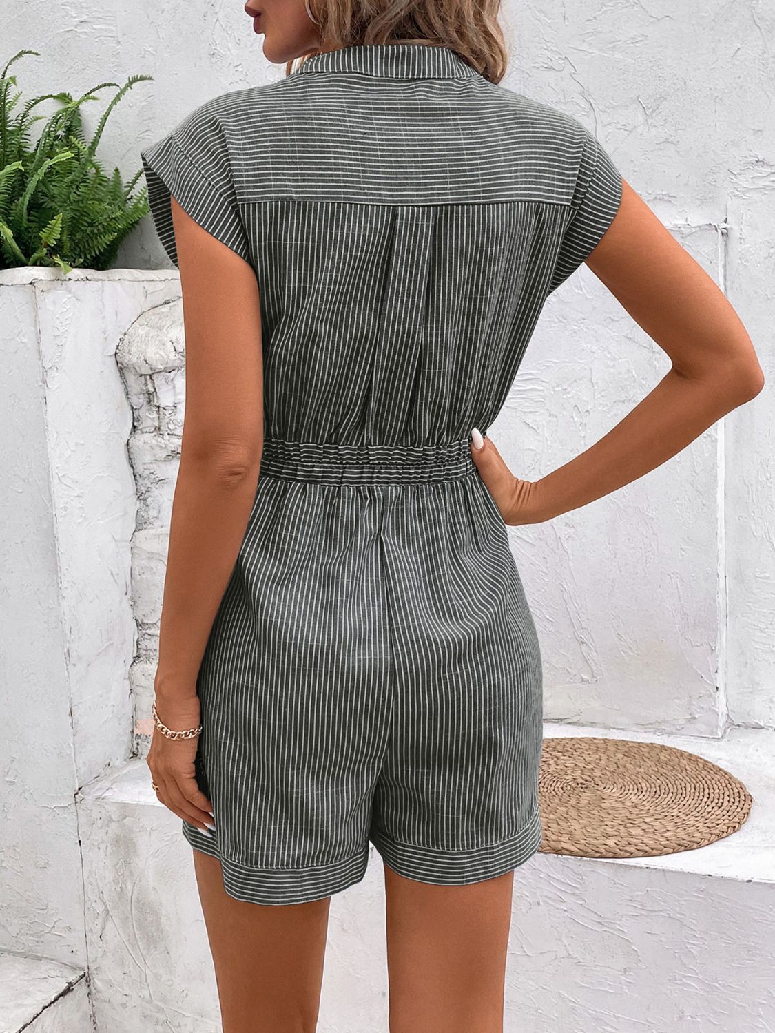 Striped Notched Tie Waist Romper Women&