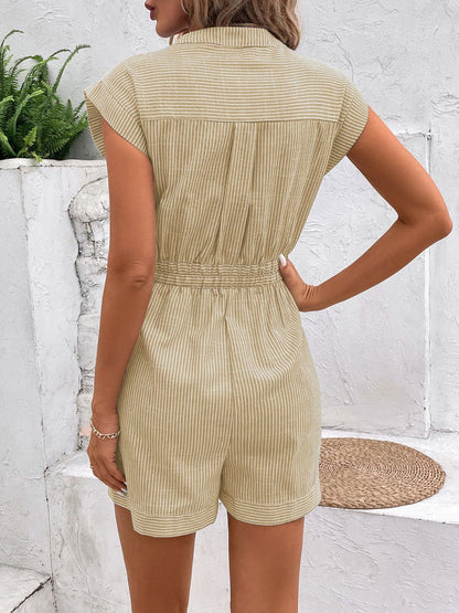 Striped Notched Tie Waist Romper Women&