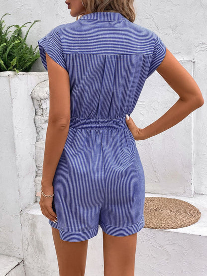 Striped Notched Tie Waist Romper Women&