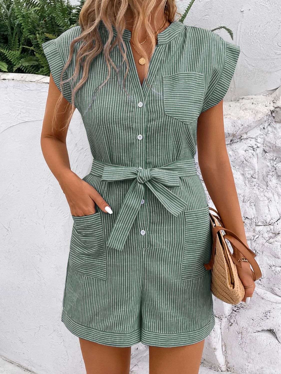 Striped Notched Tie Waist Romper Women&