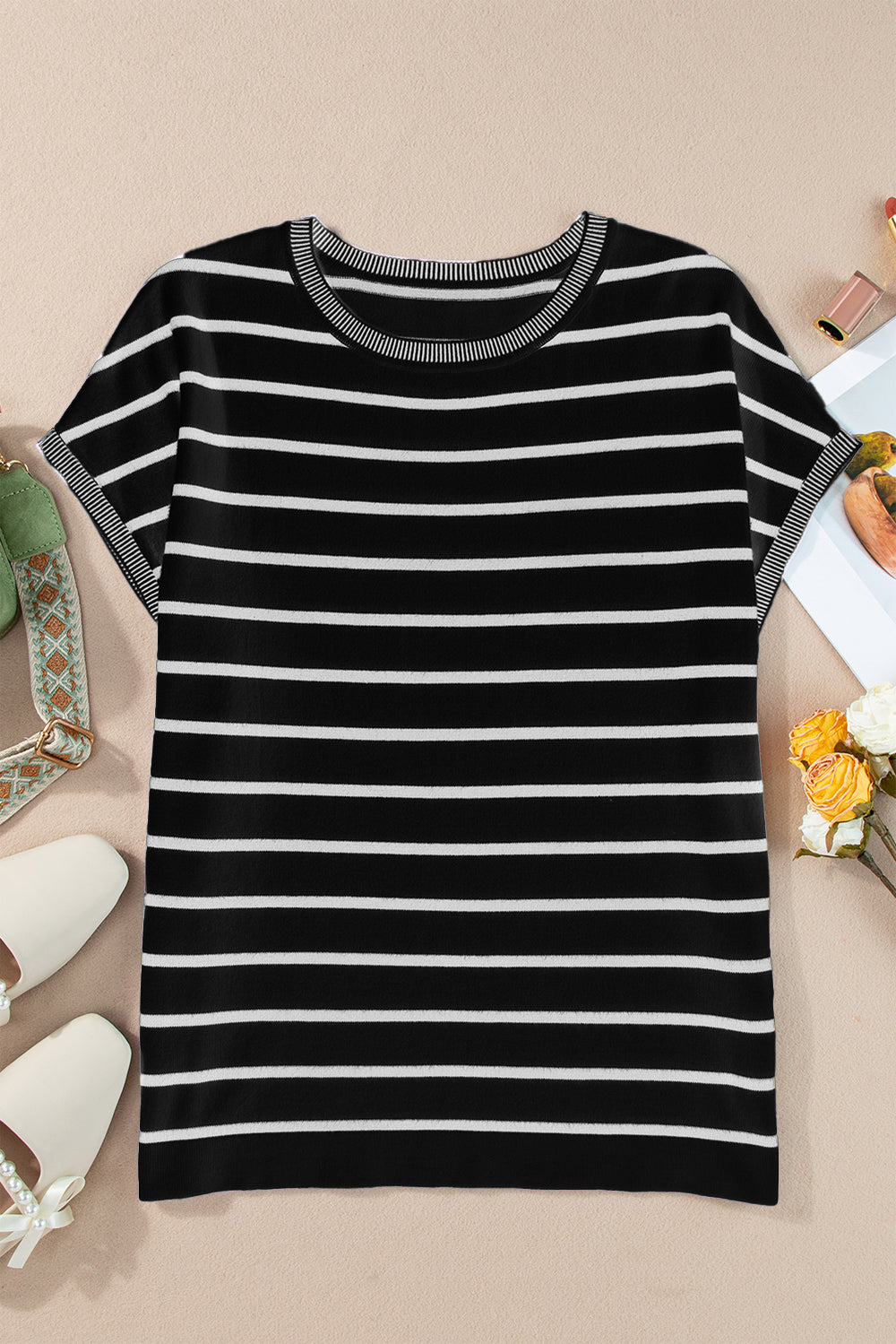 Striped Round Neck Cap Sleeve Knit Top Black S Women&