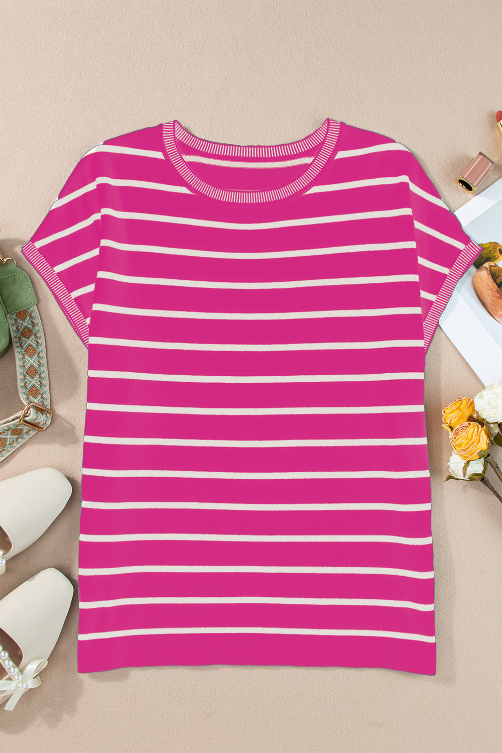 Striped Round Neck Cap Sleeve Knit Top Hot Pink S Women&