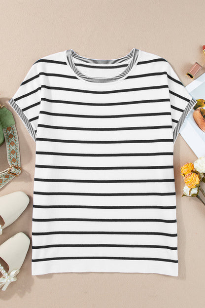 Striped Round Neck Cap Sleeve Knit Top White S Women&