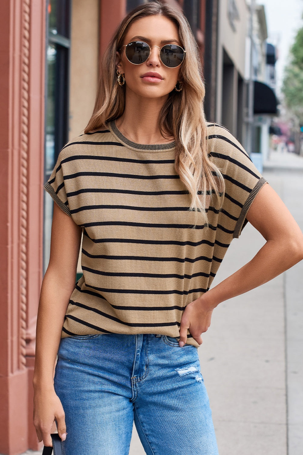 Striped Round Neck Cap Sleeve Knit Top Women&