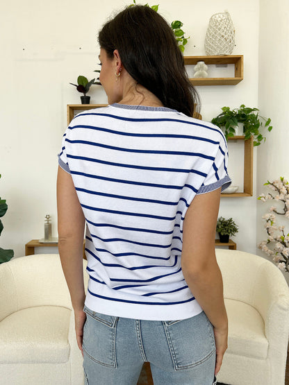 Striped Round Neck Cap Sleeve Knit Top Women&