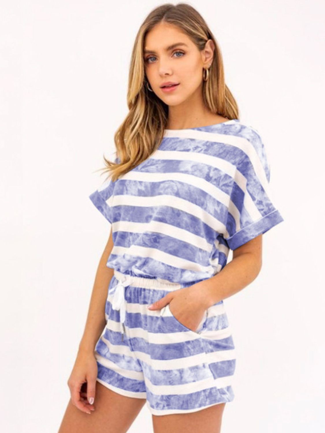 Striped Round Neck Top and Shorts Set Blue Purple S Women&