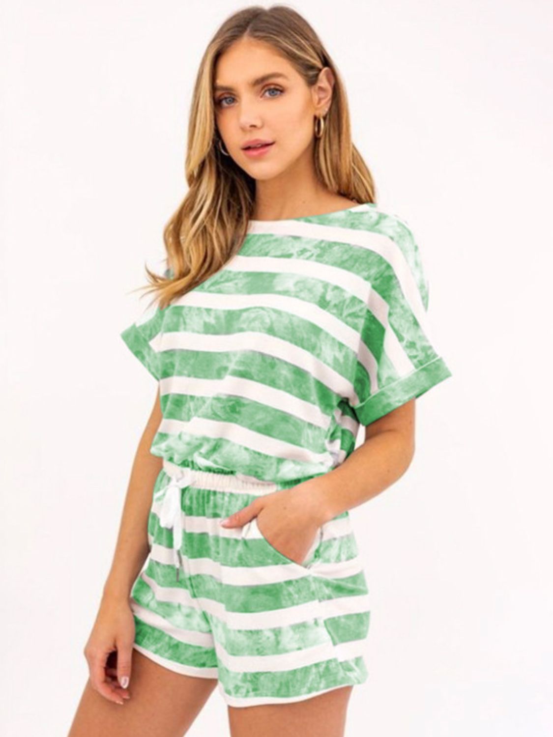 Striped Round Neck Top and Shorts Set Green S Women&