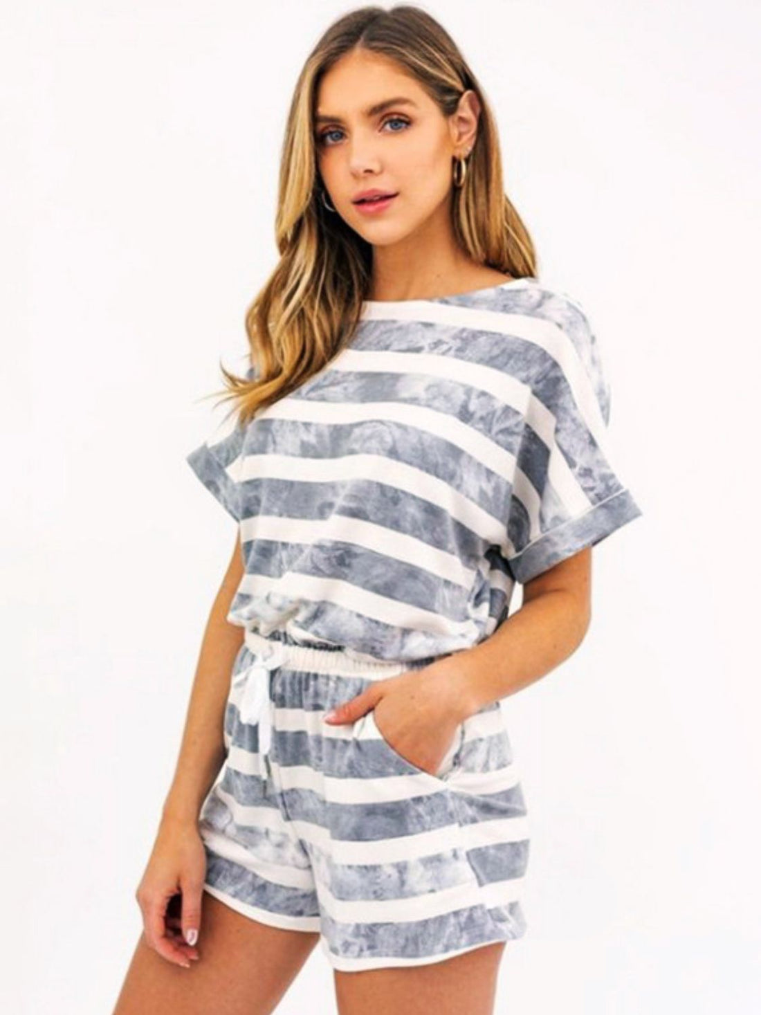 Striped Round Neck Top and Shorts Set Light Gray S Women&