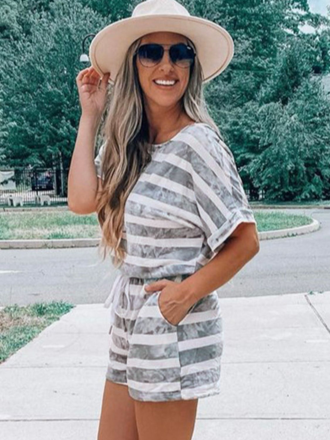 Striped Round Neck Top and Shorts Set Women&