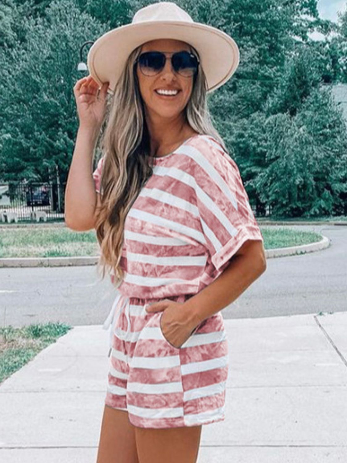 Striped Round Neck Top and Shorts Set Women&