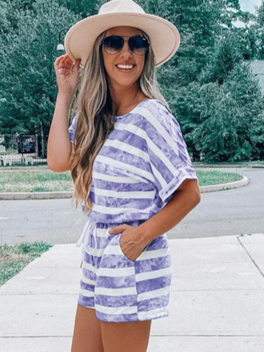 Striped Round Neck Top and Shorts Set Women&