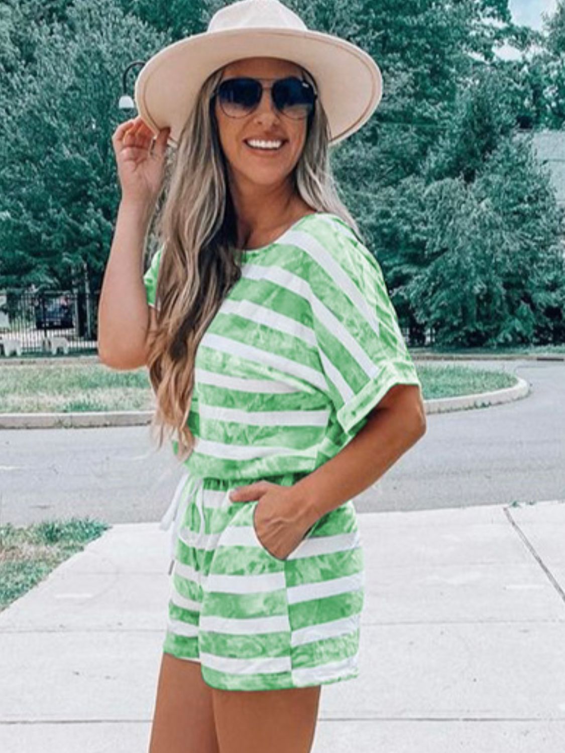 Striped Round Neck Top and Shorts Set Women&