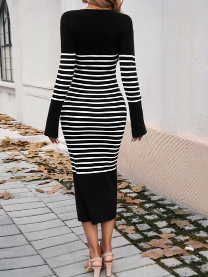 Striped V-Neck Long Sleeve Sweater Dress Women&