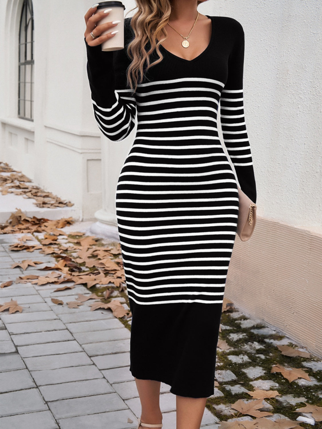 Striped V-Neck Long Sleeve Sweater Dress Women&