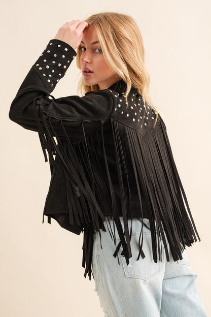 Studded Fringe Open Western Jacket Black S by Blue B | Fleurcouture