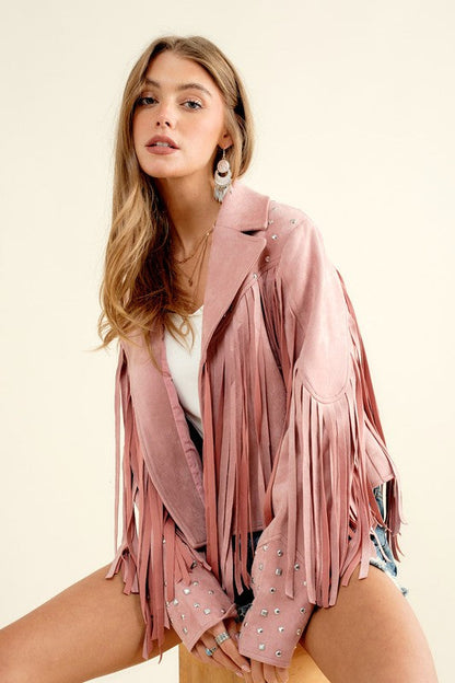 Studded Fringe Open Western Jacket by Blue B | Fleurcouture