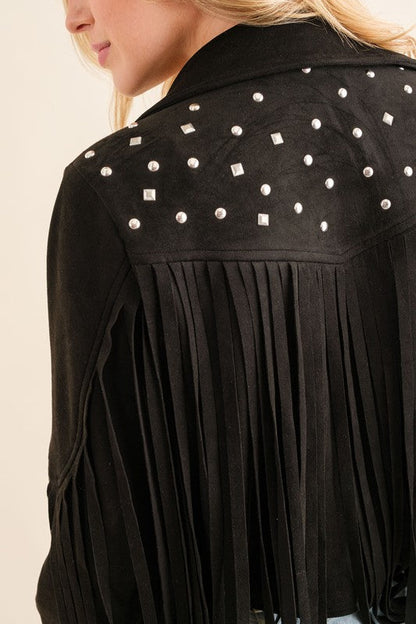 Studded Fringe Open Western Jacket by Blue B | Fleurcouture