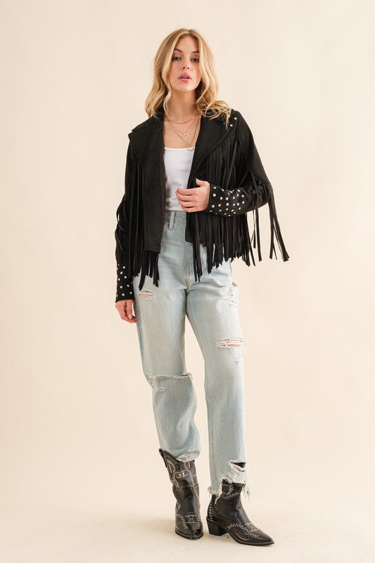 Studded Fringe Open Western Jacket by Blue B | Fleurcouture