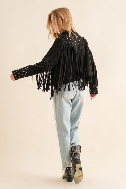 Studded Fringe Open Western Jacket by Blue B | Fleurcouture