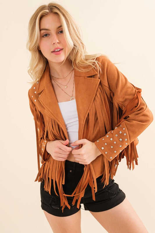 Studded Fringe Open Western Jacket by Blue B | Fleurcouture