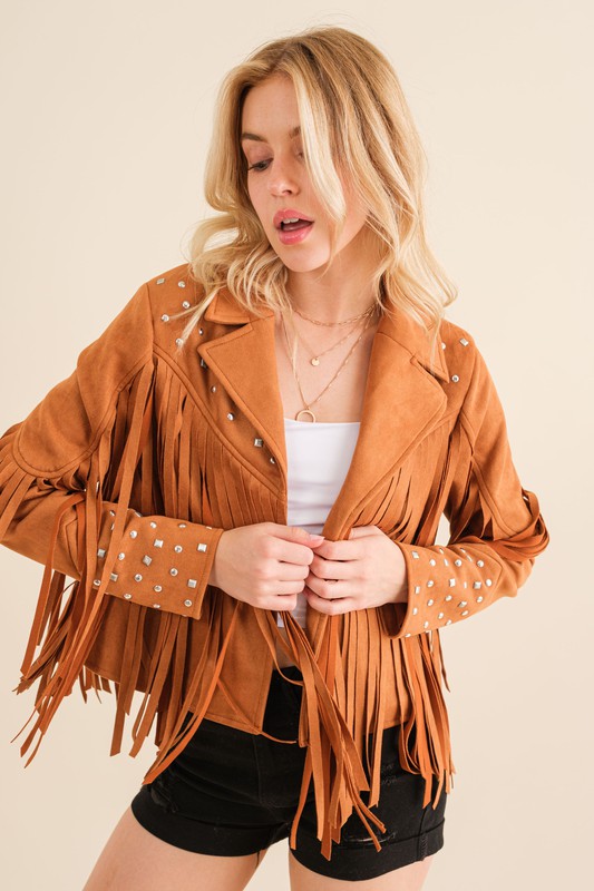 Studded Fringe Open Western Jacket by Blue B | Fleurcouture