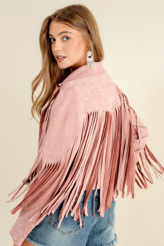 Studded Fringe Open Western Jacket by Blue B | Fleurcouture