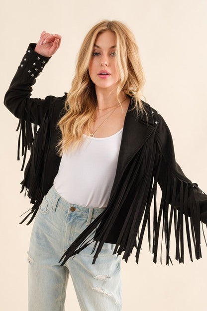 Studded Fringe Open Western Jacket by Blue B | Fleurcouture