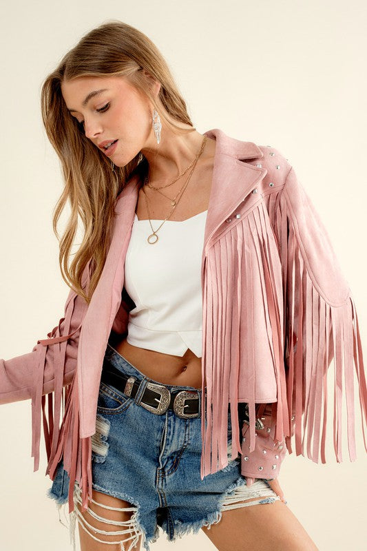 Studded Fringe Open Western Jacket Blush S by Blue B | Fleurcouture