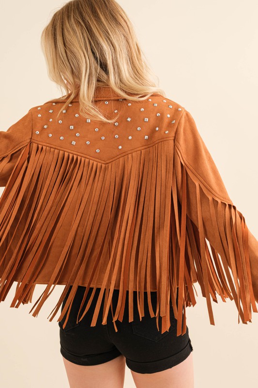 Studded Fringe Open Western Jacket Camel S by Blue B | Fleurcouture