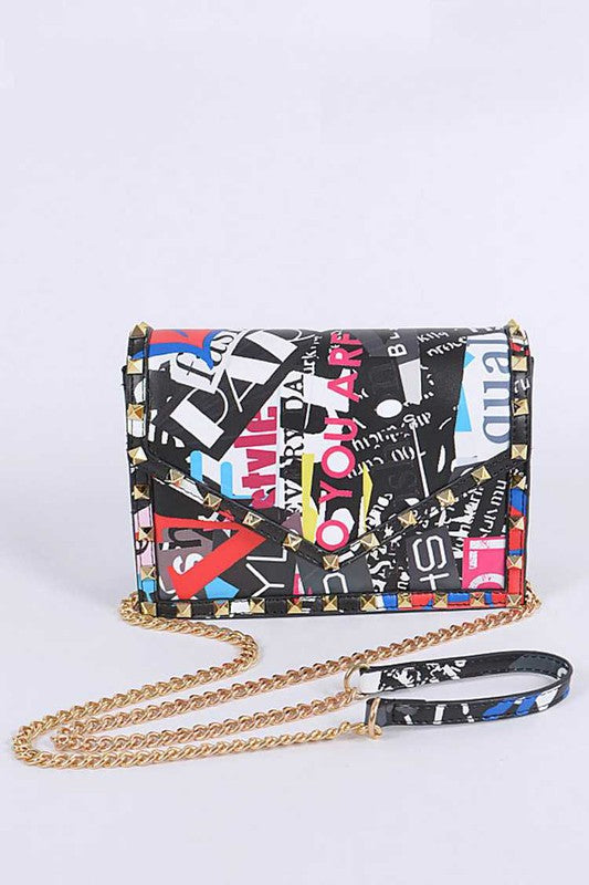 Studded Patent Crossbody Graffiti Bag Black O/S by Artini Accessories | Fleurcouture