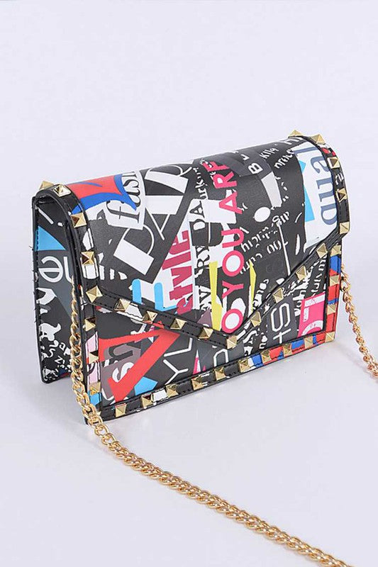 Studded Patent Crossbody Graffiti Bag Black O/S by Artini Accessories | Fleurcouture