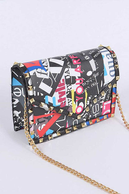 Studded Patent Crossbody Graffiti Bag Black O/S by Artini Accessories | Fleurcouture