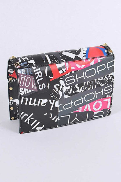 Studded Patent Crossbody Graffiti Bag Black O/S by Artini Accessories | Fleurcouture