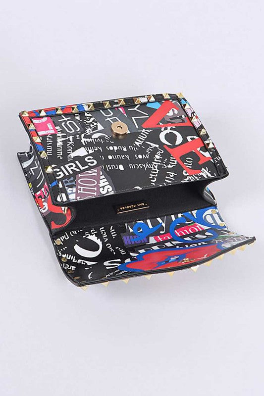 Studded Patent Crossbody Graffiti Bag Black O/S by Artini Accessories | Fleurcouture