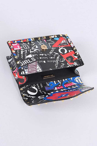 Studded Patent Crossbody Graffiti Bag Black O/S by Artini Accessories | Fleurcouture