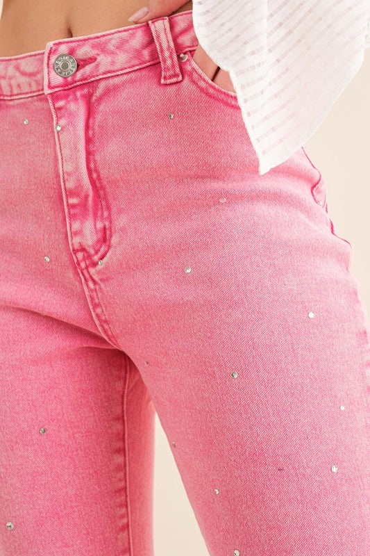 Studded Rhinestone Distressed Denim Jeans Pink S by Blue B | Fleurcouture