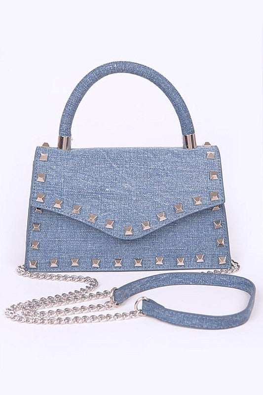 Studded Top Handle Denim Swing Bag Medium Blue O/S by Artini Accessories | Fleurcouture