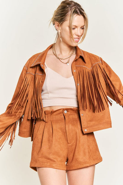 Suede studded fringe jacket JJO5009 CAMEL by Jade By Jane | Fleurcouture