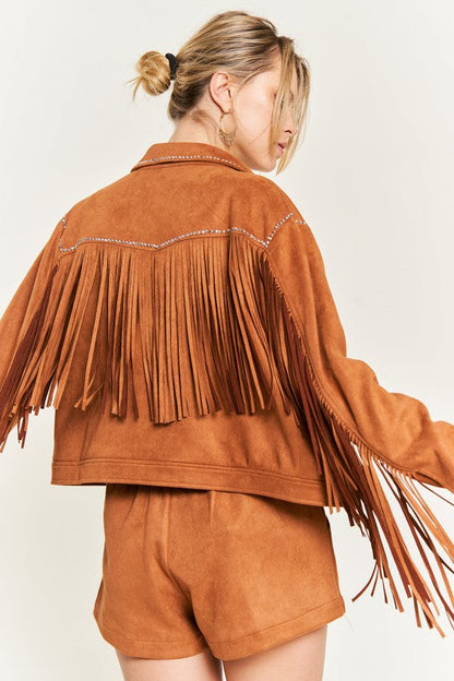 Suede studded fringe jacket JJO5009 CAMEL by Jade By Jane | Fleurcouture