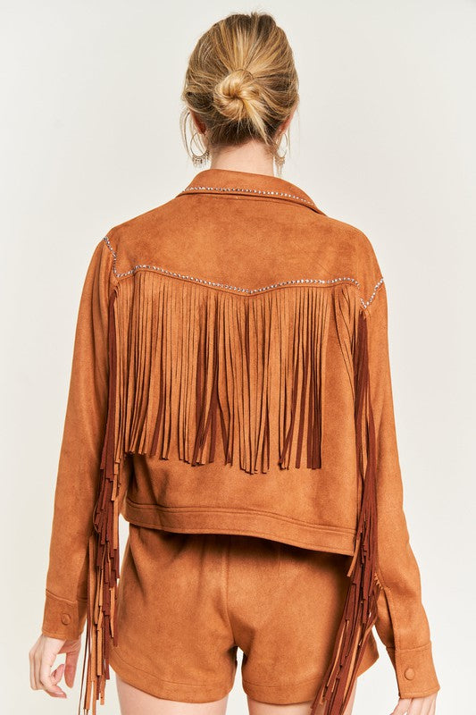 Suede studded fringe jacket JJO5009 CAMEL by Jade By Jane | Fleurcouture