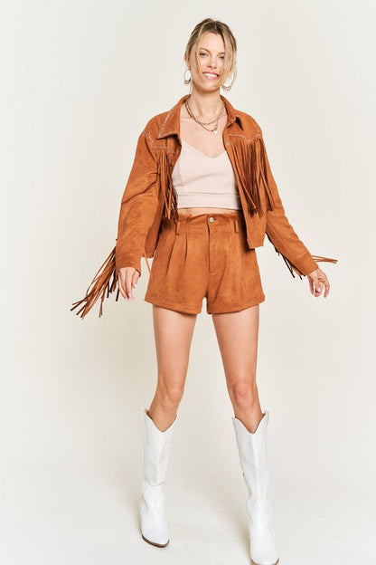 Suede studded fringe jacket JJO5009 CAMEL by Jade By Jane | Fleurcouture