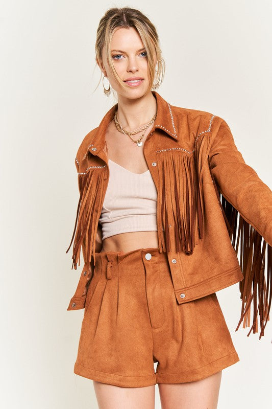 Suede studded fringe jacket JJO5009 CAMEL S by Jade By Jane | Fleurcouture