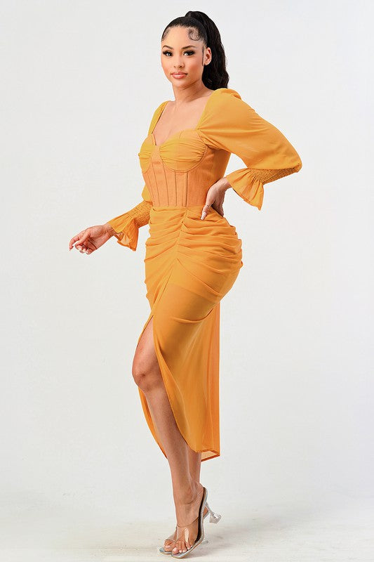 Summer solid yellow long sleeve chiffon dress YELLOW by Athina | Fleurcouture